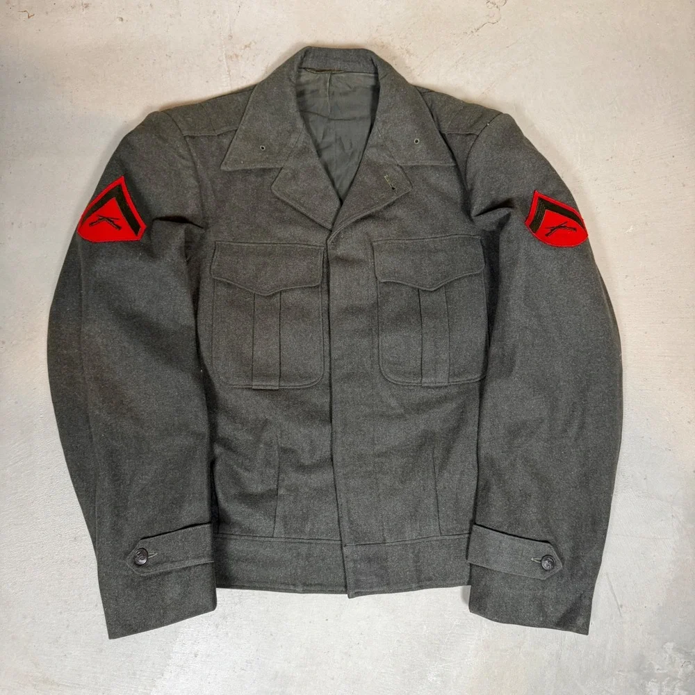 Vintage USMC Wool Ike Jacket Mens Green Military Field Coat PFC Patches 42 Chest